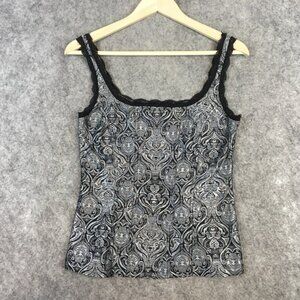 White House Black Market Tank Top S Black Gray Jacquard Layering Lace Trim Shell